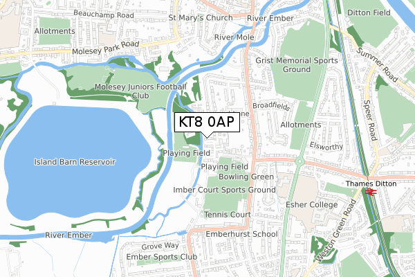 KT8 0AP map - small scale - OS Open Zoomstack (Ordnance Survey)