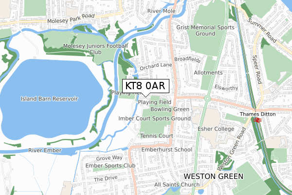 KT8 0AR map - small scale - OS Open Zoomstack (Ordnance Survey)