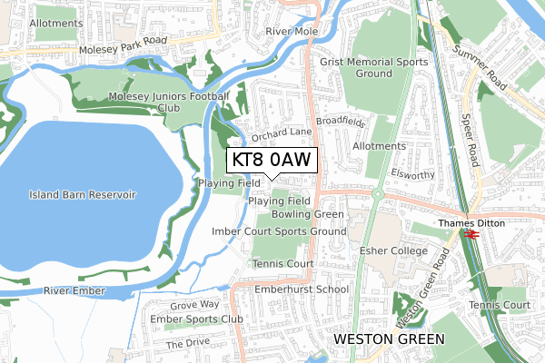 KT8 0AW map - small scale - OS Open Zoomstack (Ordnance Survey)