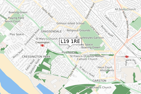 L19 1RE map - small scale - OS Open Zoomstack (Ordnance Survey)