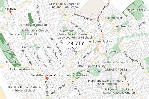 L23 7TY map - small scale - OS Open Zoomstack (Ordnance Survey)