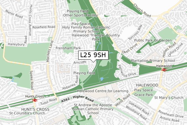 L25 9SH map - small scale - OS Open Zoomstack (Ordnance Survey)