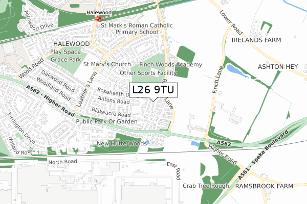 L26 9TU map - small scale - OS Open Zoomstack (Ordnance Survey)