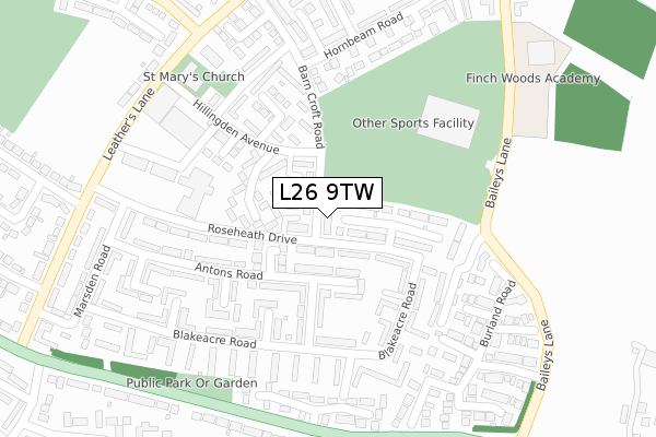 L26 9TW map - large scale - OS Open Zoomstack (Ordnance Survey)