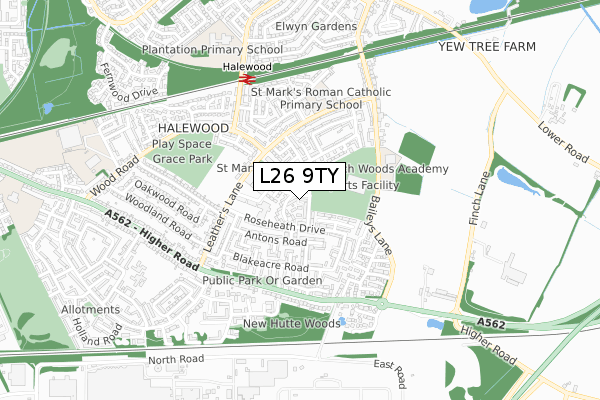 L26 9TY map - small scale - OS Open Zoomstack (Ordnance Survey)