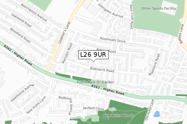 L26 9UR map - large scale - OS Open Zoomstack (Ordnance Survey)