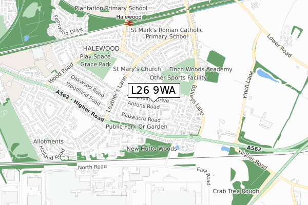 L26 9WA map - small scale - OS Open Zoomstack (Ordnance Survey)