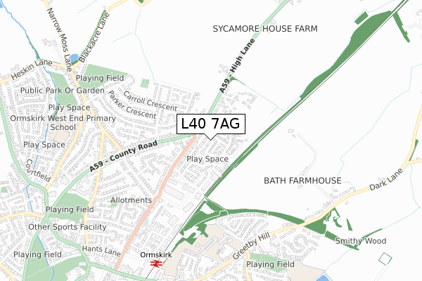 L40 7AG map - small scale - OS Open Zoomstack (Ordnance Survey)