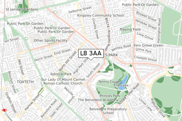 L8 3AA map - small scale - OS Open Zoomstack (Ordnance Survey)