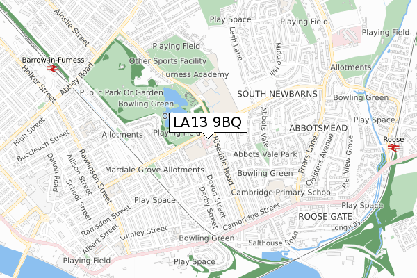 LA13 9BQ map - small scale - OS Open Zoomstack (Ordnance Survey)