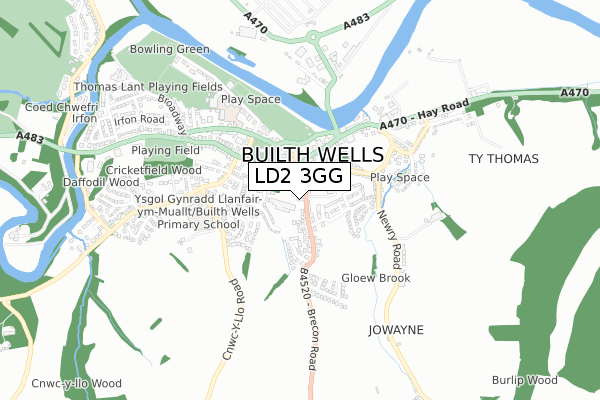 LD2 3GG map - small scale - OS Open Zoomstack (Ordnance Survey)