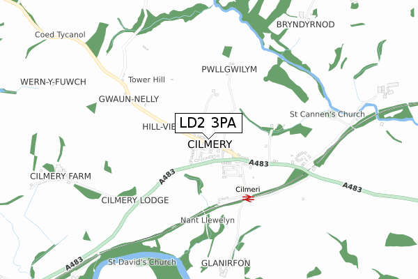 LD2 3PA map - small scale - OS Open Zoomstack (Ordnance Survey)