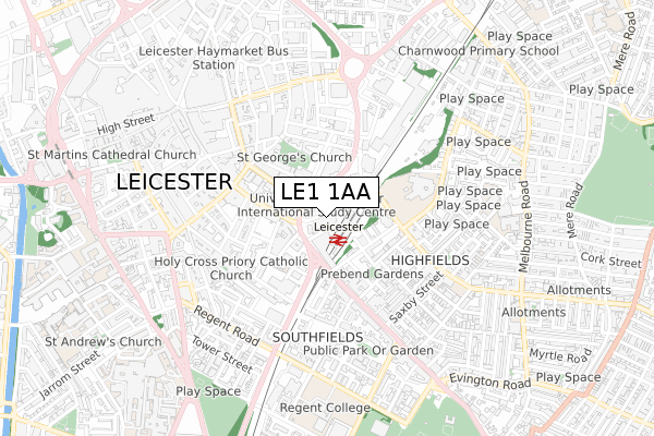 LE1 1AA map - small scale - OS Open Zoomstack (Ordnance Survey)