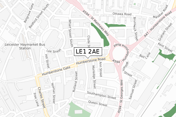 LE1 2AE map - large scale - OS Open Zoomstack (Ordnance Survey)