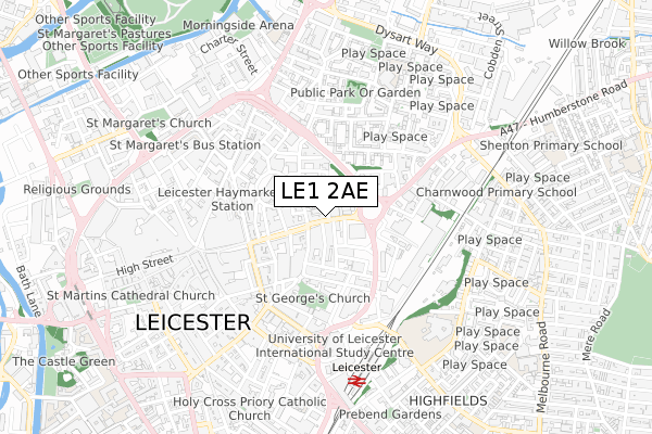 LE1 2AE map - small scale - OS Open Zoomstack (Ordnance Survey)