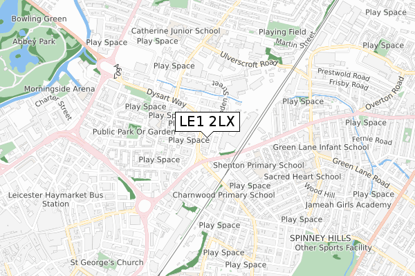 LE1 2LX map - small scale - OS Open Zoomstack (Ordnance Survey)