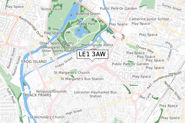 LE1 3AW map - small scale - OS Open Zoomstack (Ordnance Survey)