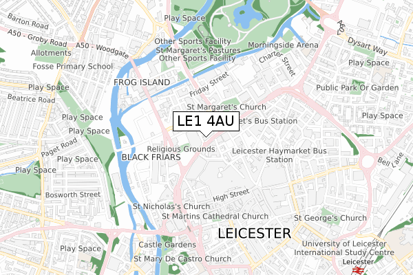 LE1 4AU map - small scale - OS Open Zoomstack (Ordnance Survey)