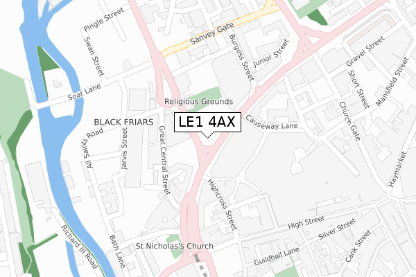 LE1 4AX map - large scale - OS Open Zoomstack (Ordnance Survey)