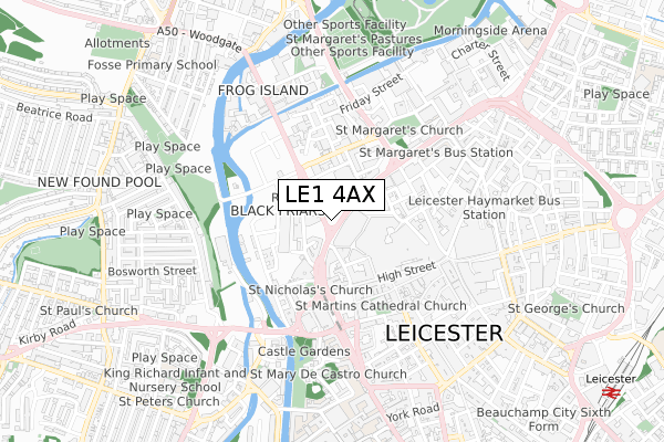 LE1 4AX map - small scale - OS Open Zoomstack (Ordnance Survey)