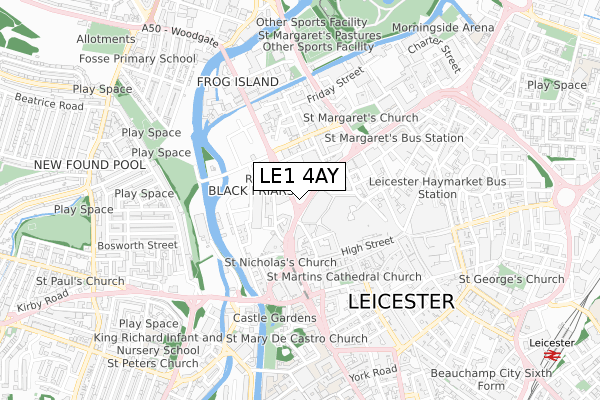 LE1 4AY map - small scale - OS Open Zoomstack (Ordnance Survey)