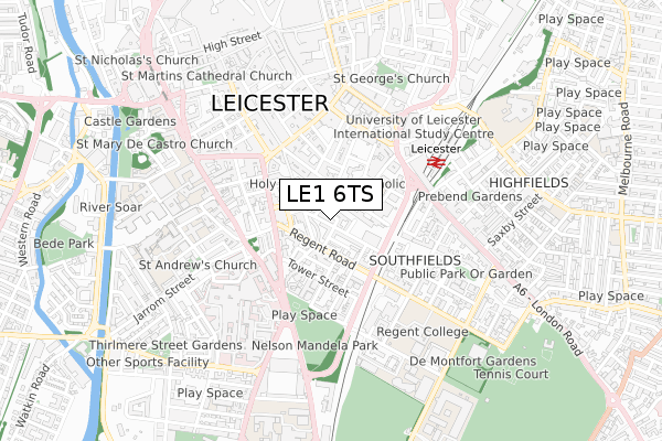 LE1 6TS map - small scale - OS Open Zoomstack (Ordnance Survey)