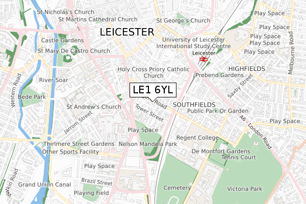 LE1 6YL map - small scale - OS Open Zoomstack (Ordnance Survey)