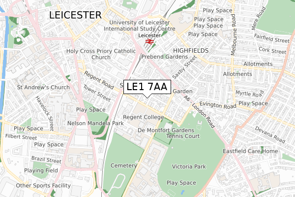 LE1 7AA map - small scale - OS Open Zoomstack (Ordnance Survey)