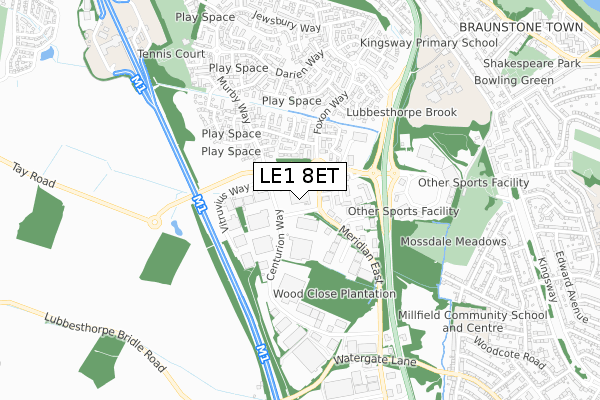 LE1 8ET map - small scale - OS Open Zoomstack (Ordnance Survey)