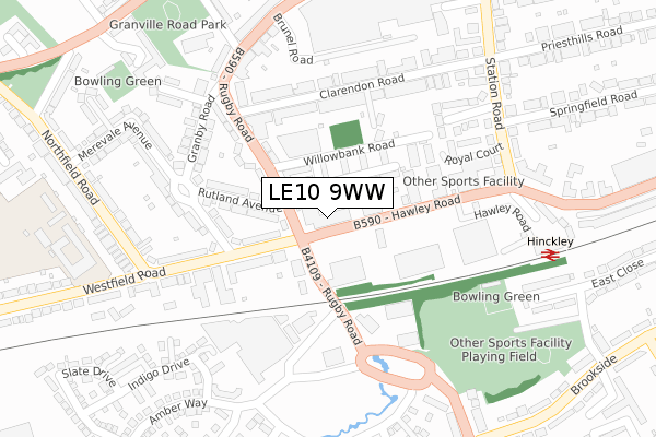 LE10 9WW map - large scale - OS Open Zoomstack (Ordnance Survey)