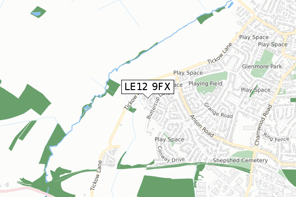 LE12 9FX map - small scale - OS Open Zoomstack (Ordnance Survey)