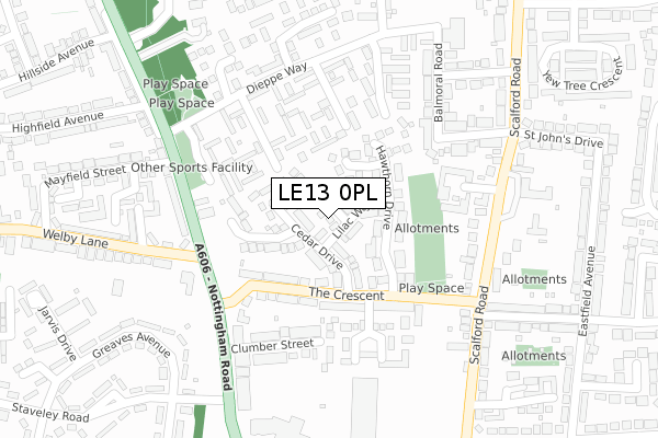 LE13 0PL map - large scale - OS Open Zoomstack (Ordnance Survey)