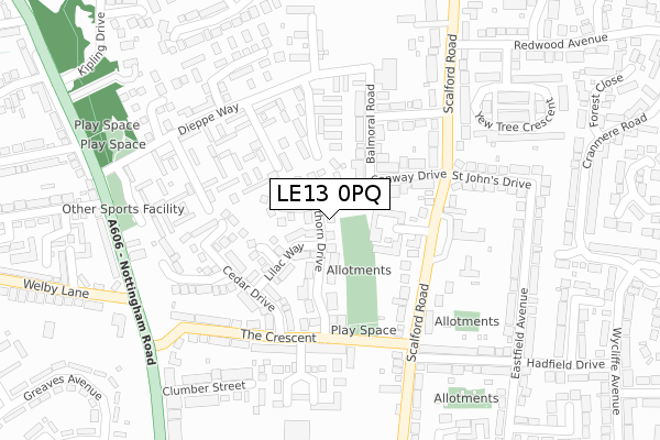 LE13 0PQ map - large scale - OS Open Zoomstack (Ordnance Survey)