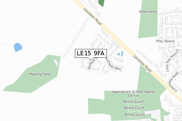 LE15 9FA map - large scale - OS Open Zoomstack (Ordnance Survey)