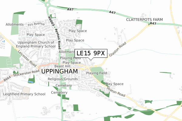 LE15 9PX map - small scale - OS Open Zoomstack (Ordnance Survey)