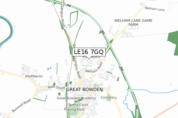 LE16 7GQ map - small scale - OS Open Zoomstack (Ordnance Survey)