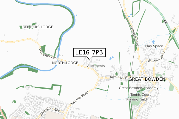 LE16 7PB map - small scale - OS Open Zoomstack (Ordnance Survey)