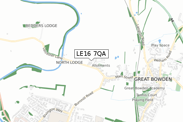 LE16 7QA map - small scale - OS Open Zoomstack (Ordnance Survey)