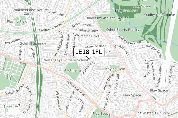 LE18 1FL map - small scale - OS Open Zoomstack (Ordnance Survey)