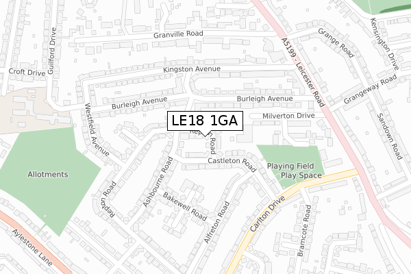 LE18 1GA map - large scale - OS Open Zoomstack (Ordnance Survey)