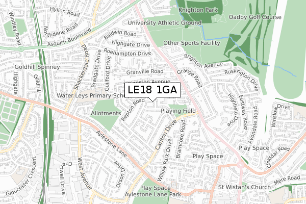 LE18 1GA map - small scale - OS Open Zoomstack (Ordnance Survey)