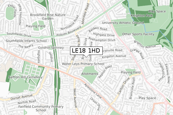 LE18 1HD map - small scale - OS Open Zoomstack (Ordnance Survey)