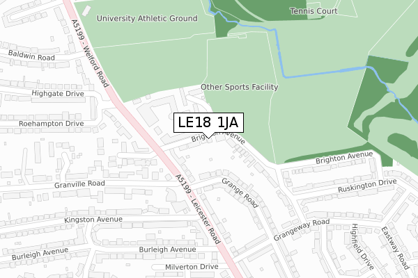 LE18 1JA map - large scale - OS Open Zoomstack (Ordnance Survey)