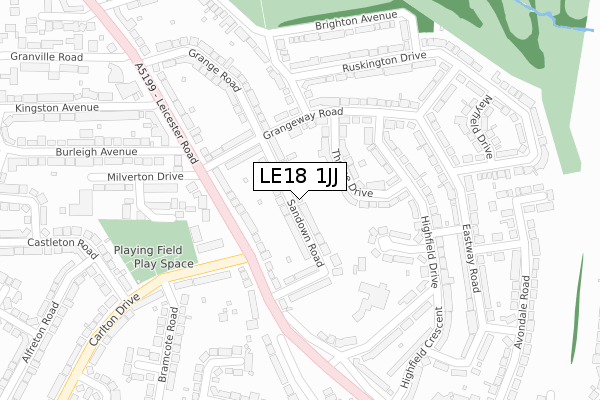 LE18 1JJ map - large scale - OS Open Zoomstack (Ordnance Survey)