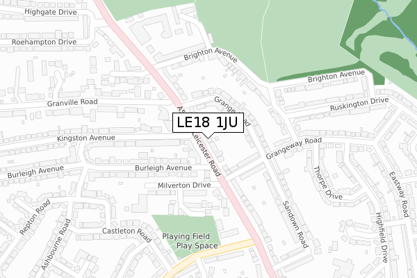 LE18 1JU map - large scale - OS Open Zoomstack (Ordnance Survey)