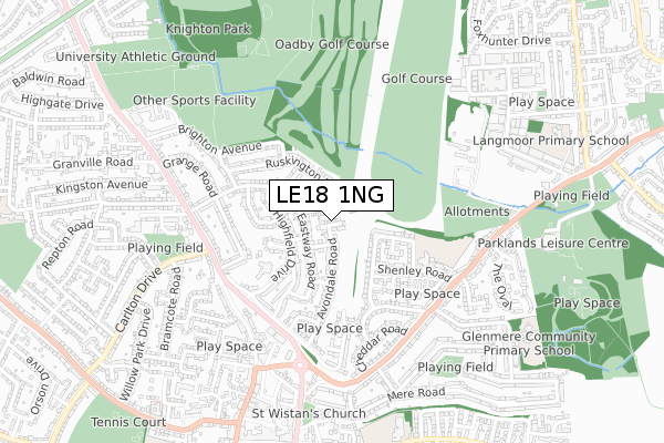 LE18 1NG map - small scale - OS Open Zoomstack (Ordnance Survey)