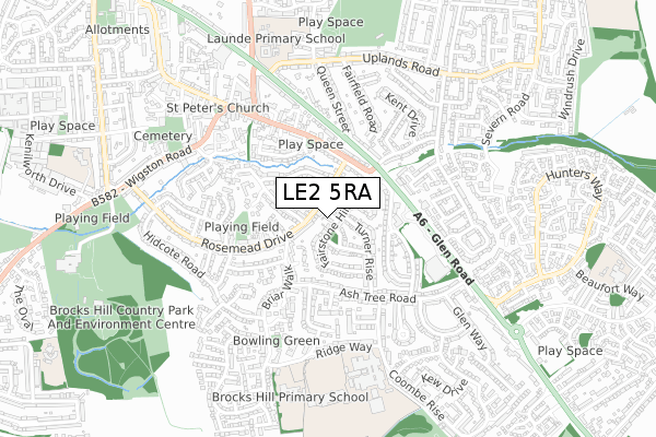 LE2 5RA map - small scale - OS Open Zoomstack (Ordnance Survey)