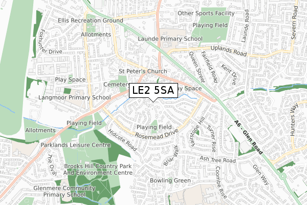 LE2 5SA map - small scale - OS Open Zoomstack (Ordnance Survey)