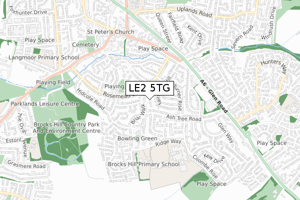 LE2 5TG map - small scale - OS Open Zoomstack (Ordnance Survey)