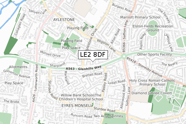 LE2 8DF map - small scale - OS Open Zoomstack (Ordnance Survey)